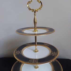 Noritake Evening Majesty 3 Tier Serving Tray w/Gold Colored Hardware